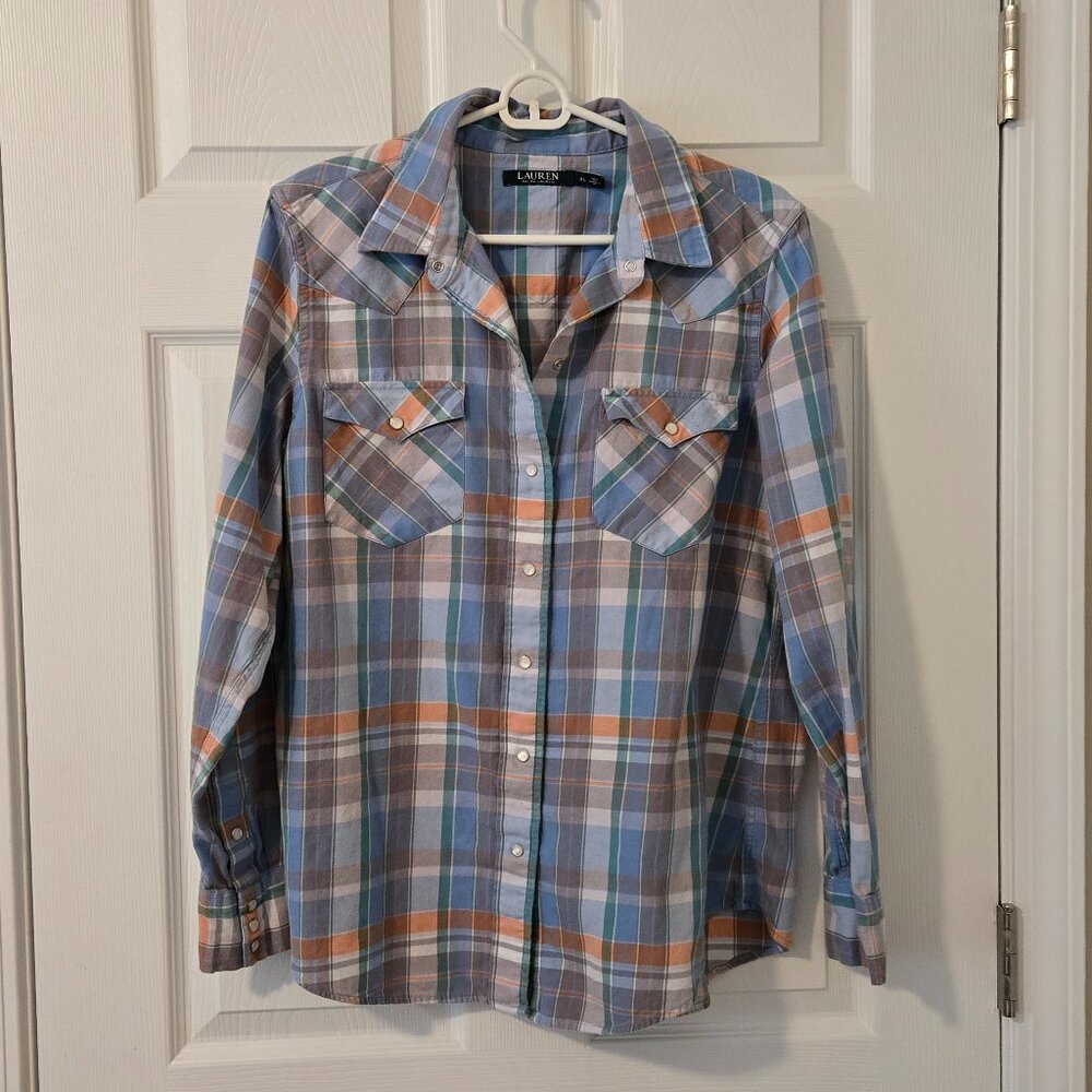 Lauren Ralph Lauren Pearl Snap Plaid Soft Flannel Long Sleeve Shirt Size XL